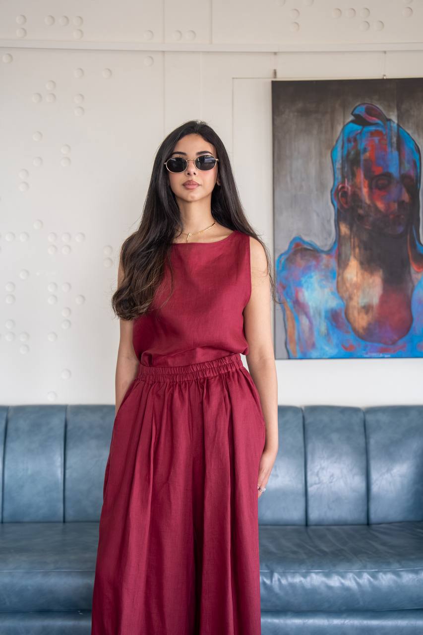 Red linen blouse and pants set. C: 235 red