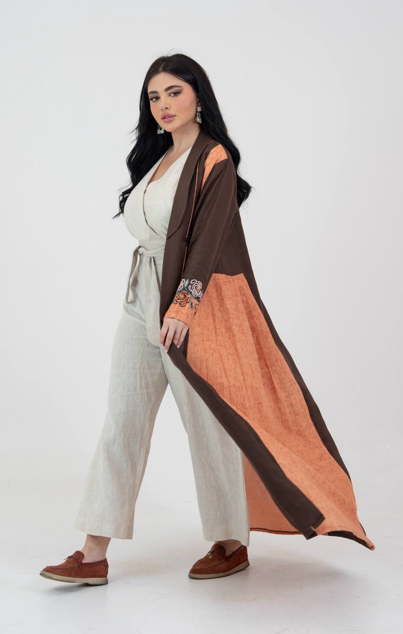 Linen abaya in brown and orange with hand-beading. C:6781