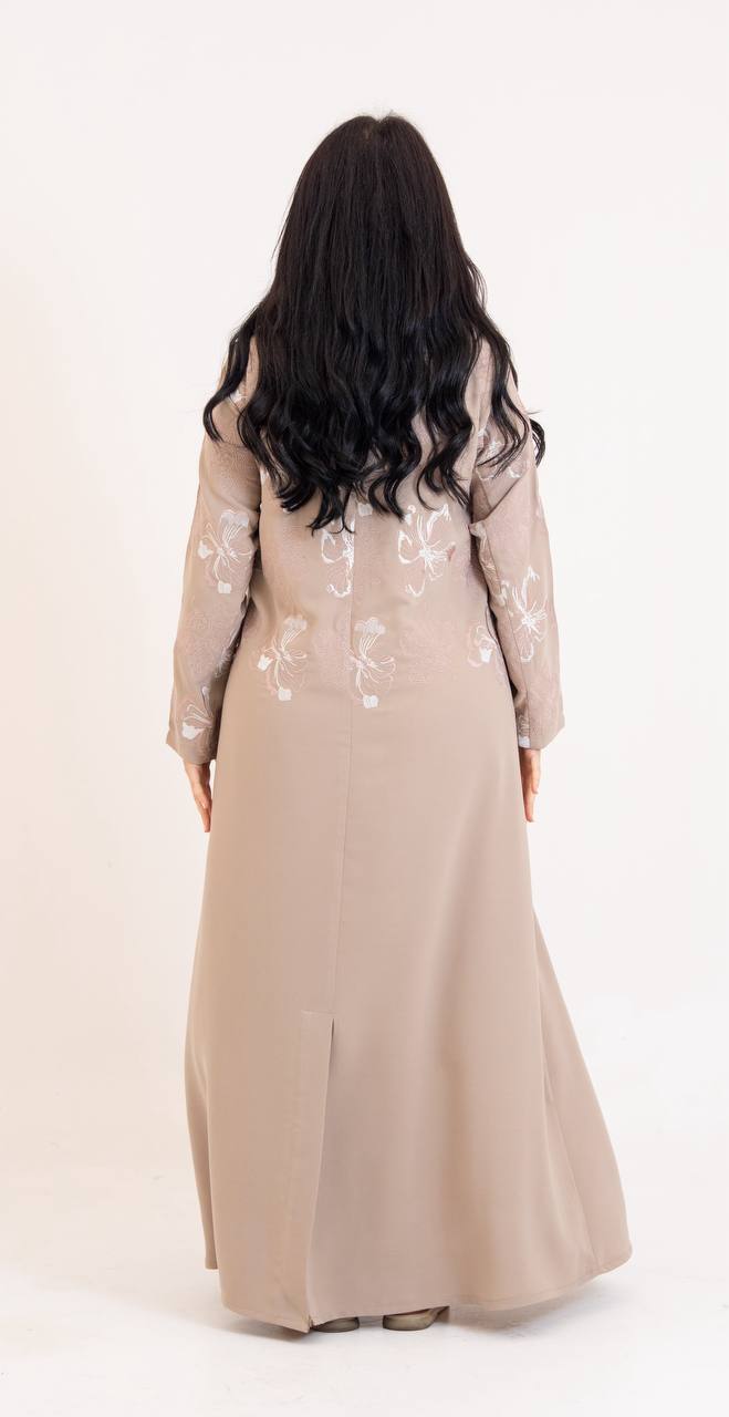 Beige crepe abaya with embroidery.C:6765