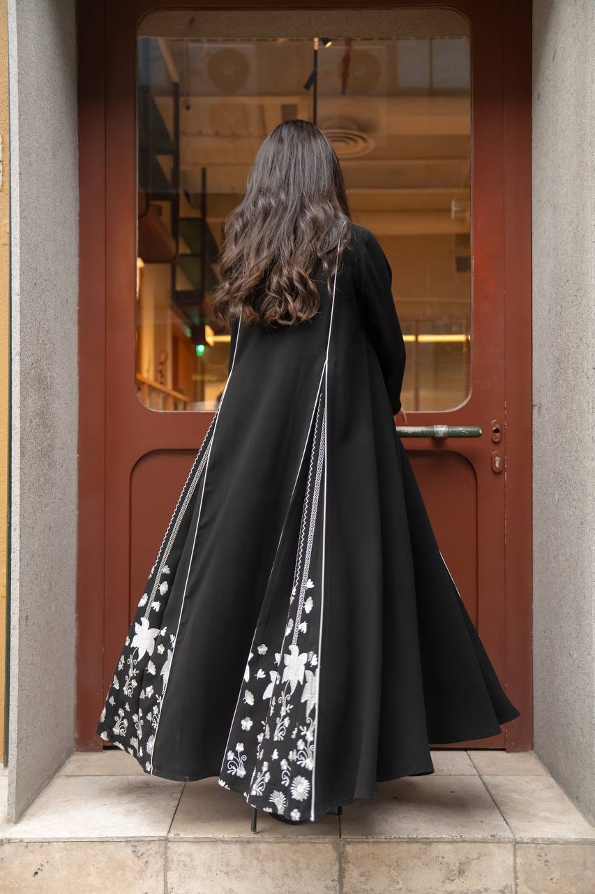 Black crepe abaya with white embroidery. C:6770