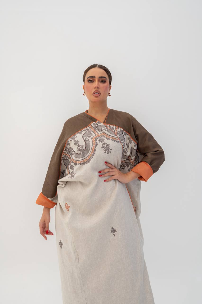 Beige linen abaya with embroidery. C:6785