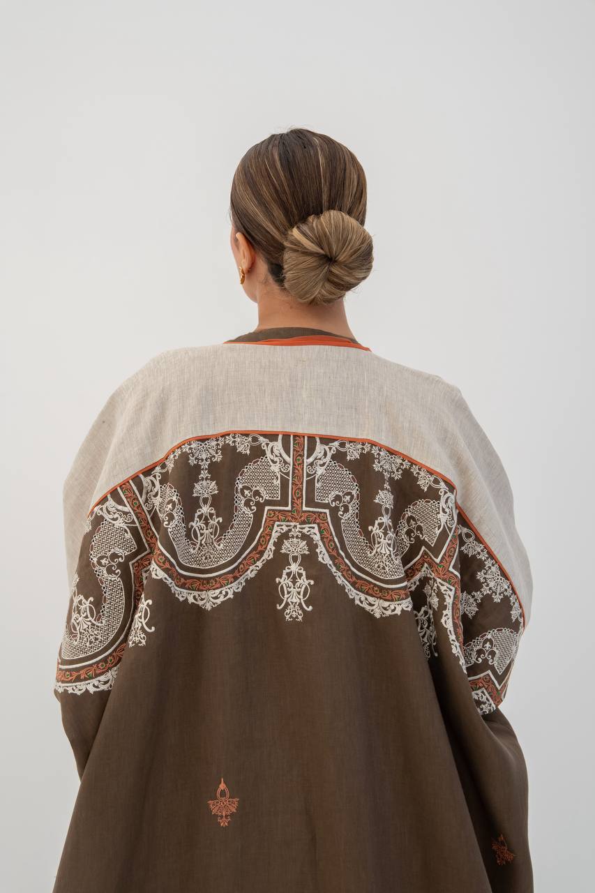 Brown linen abaya with embroidery. C:6785