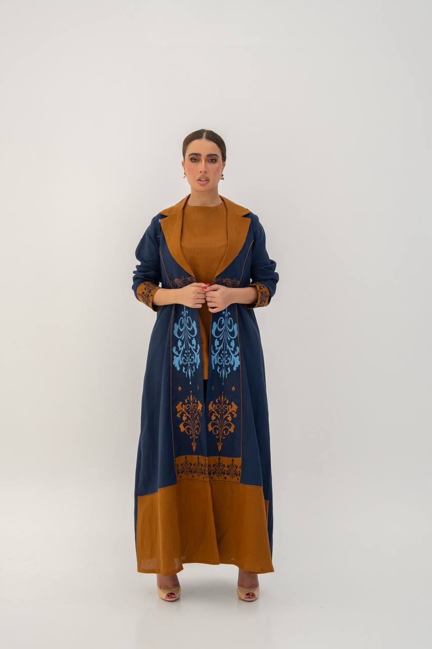 Linen abaya in navy blue with embroidery.C:6783