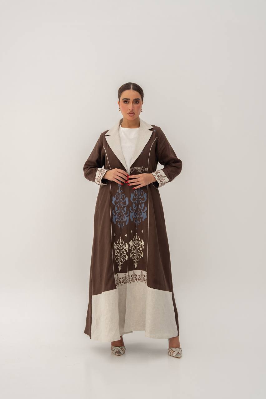 Linen abaya in brown with embroidery.C:6783 Brown