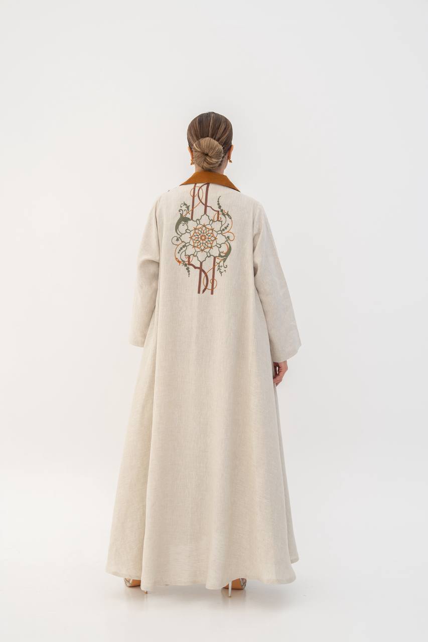 Beige linen abaya with embroidery. C:6787