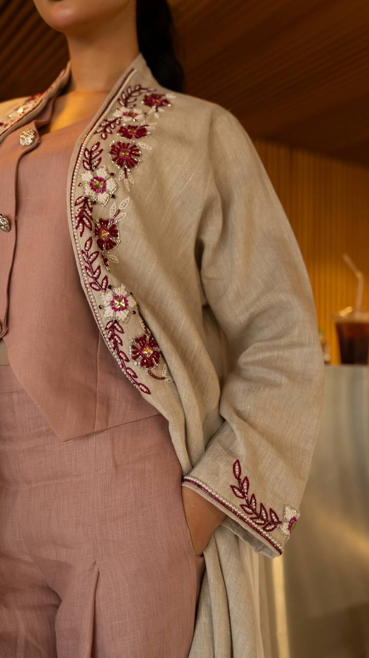Linen abaya in beige with hand embroidery and beading. C:6791