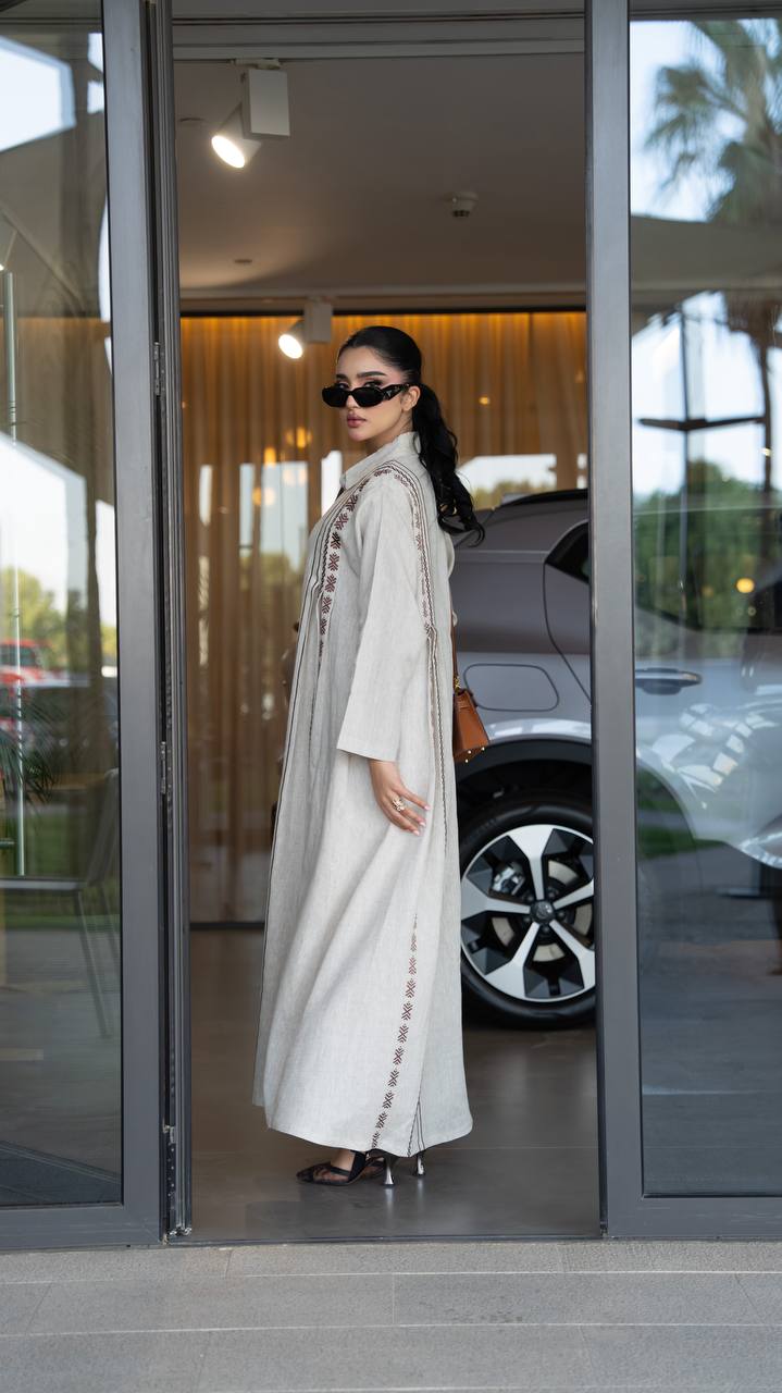 Beige linen abaya with embroidery. C:6683