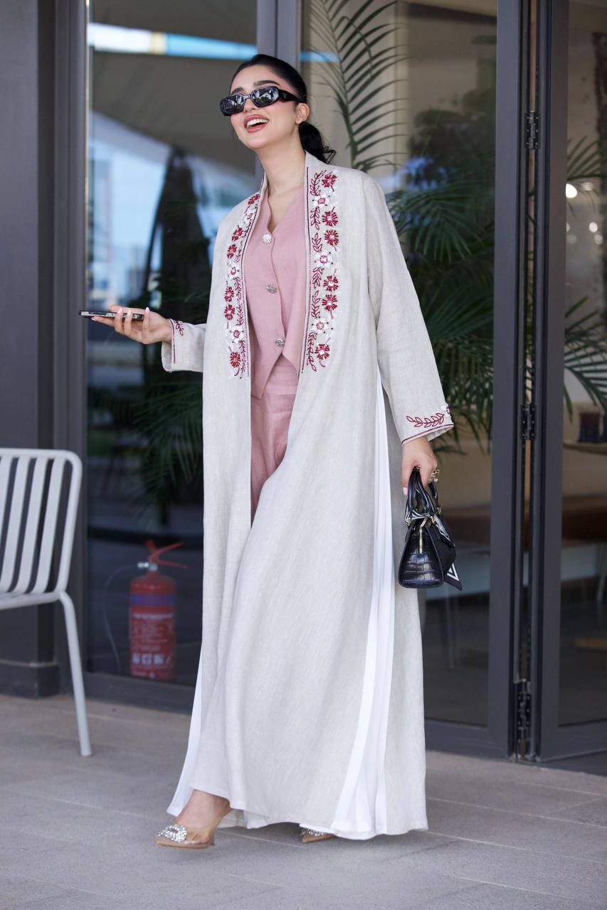 Linen abaya in beige with hand embroidery and beading. C:6791
