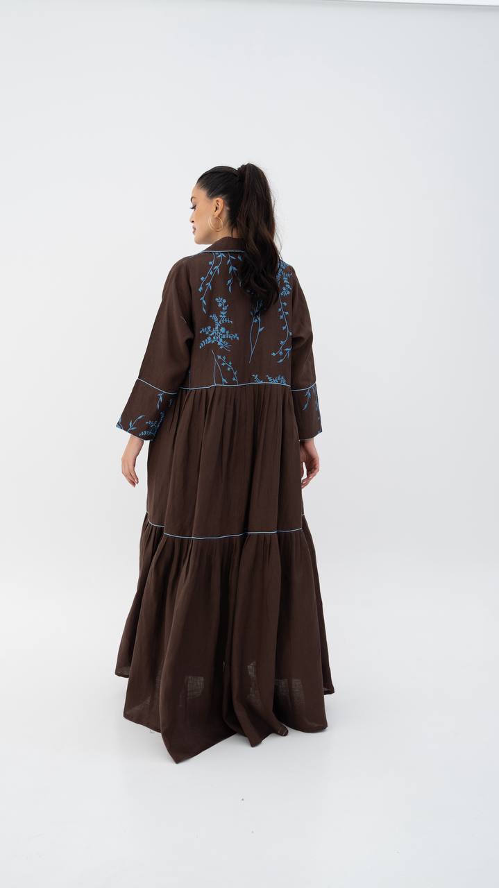 Beige linen abaya with embroidery.C:6786