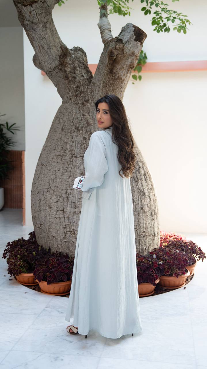 Blue linen blazer abaya with embroidery.C:6792