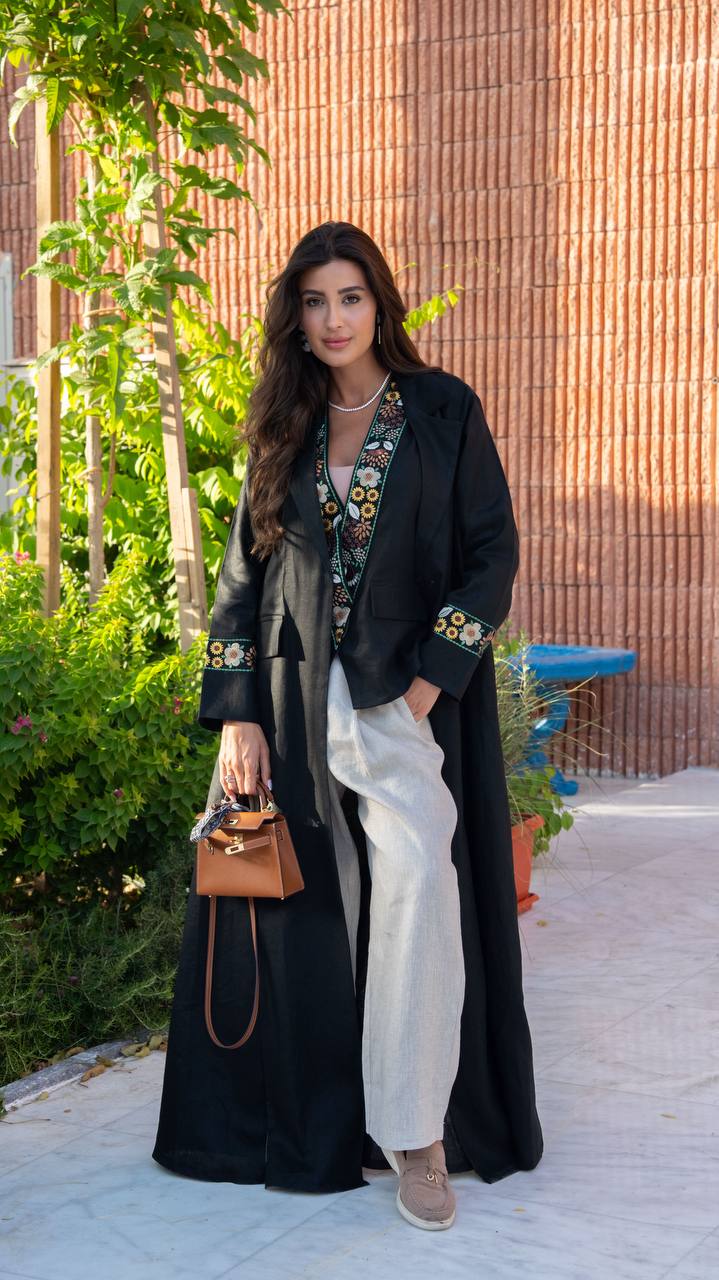 Black linen blazer abaya with embroidery. C:6792