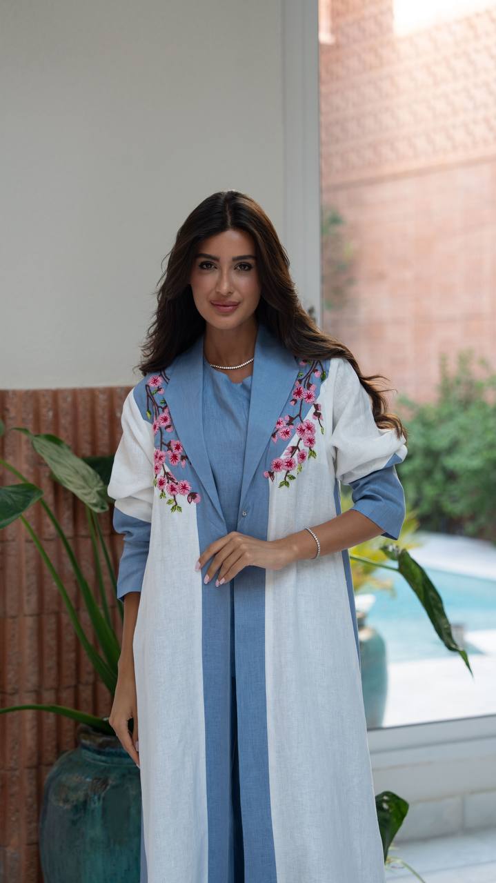 Blue and white linen blazer abaya with embroidery.C:6807