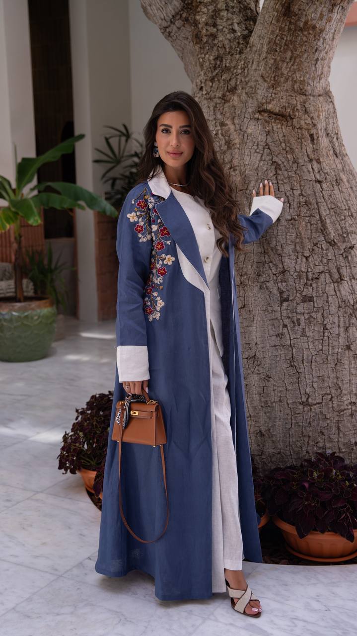 Blue linen blazer abaya with embroidery.C:6795