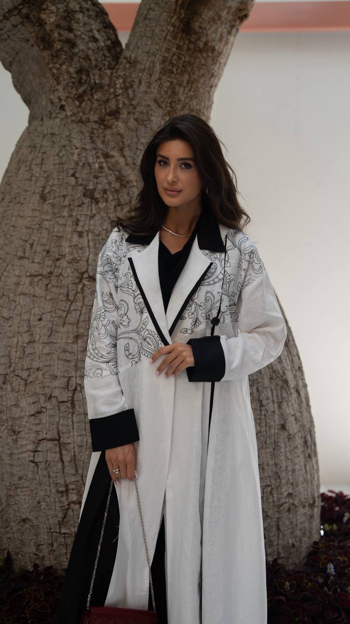 White linen blazer abaya with embroidery.C:6793