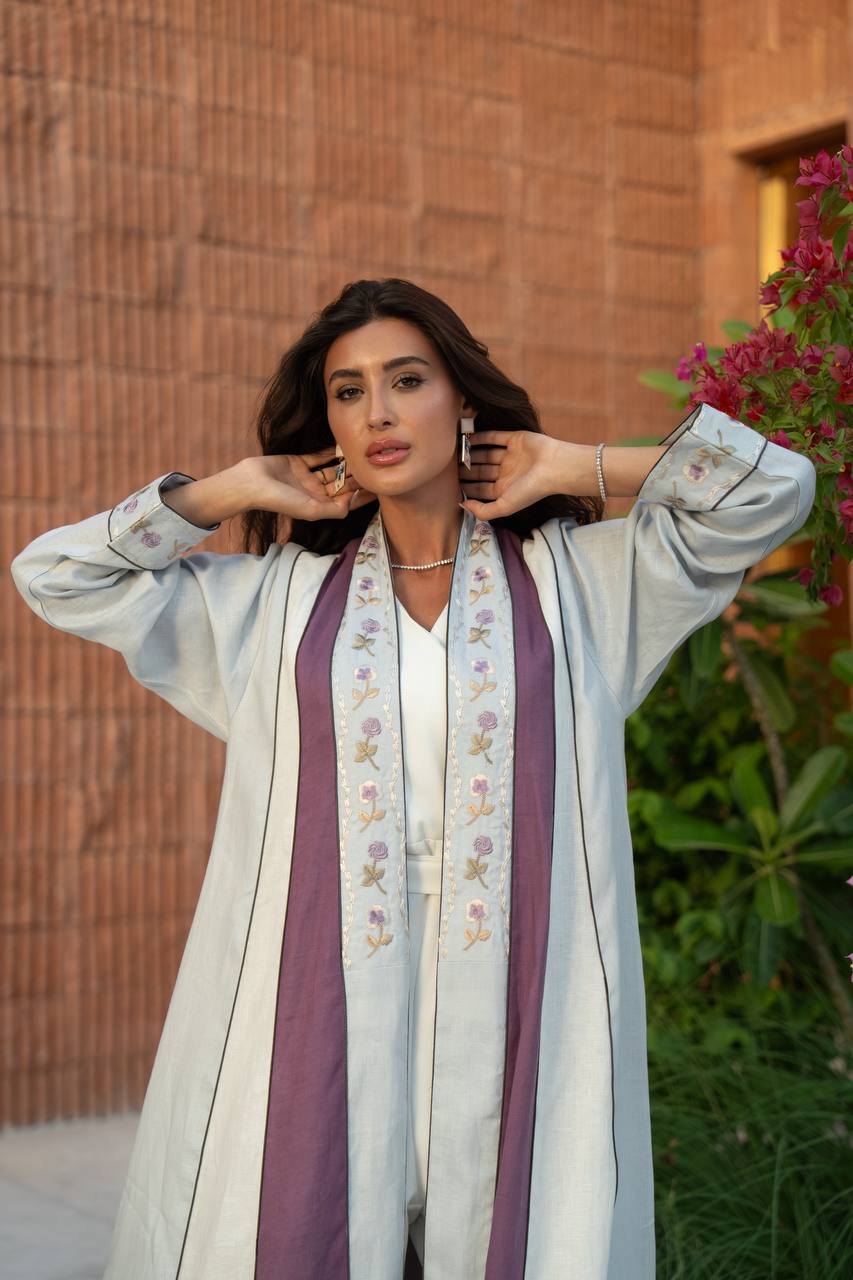 Beige linen abaya with embroidery.C:6799