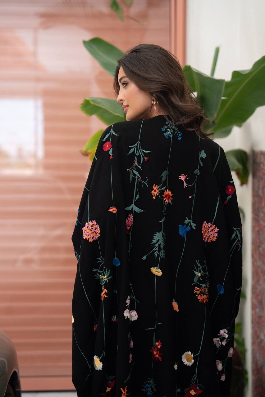 Black linen abaya with embroidery.C:6802