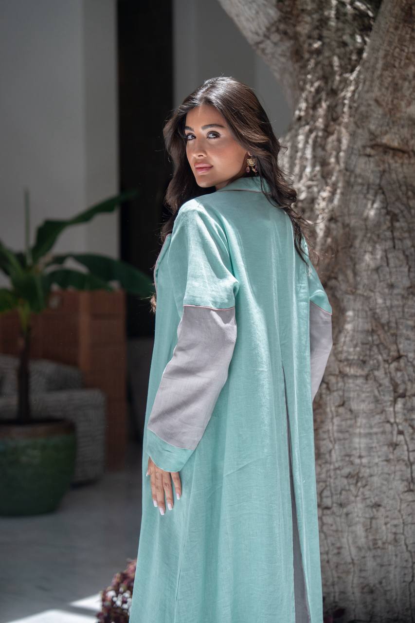 Turquoise linen blazer abaya with embroidery. C:6803