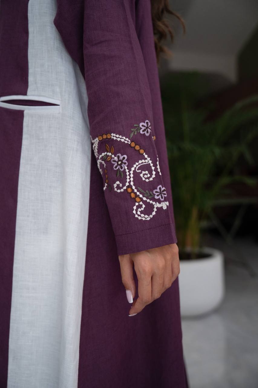 Purple linen blazer abaya with embroidery.C:6801
