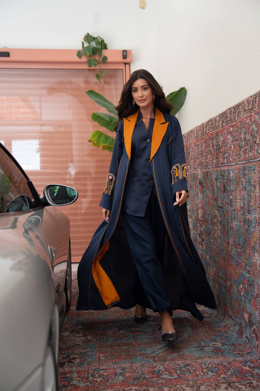 Navy blue linen blazer abaya with hand-stitched details.C:6804