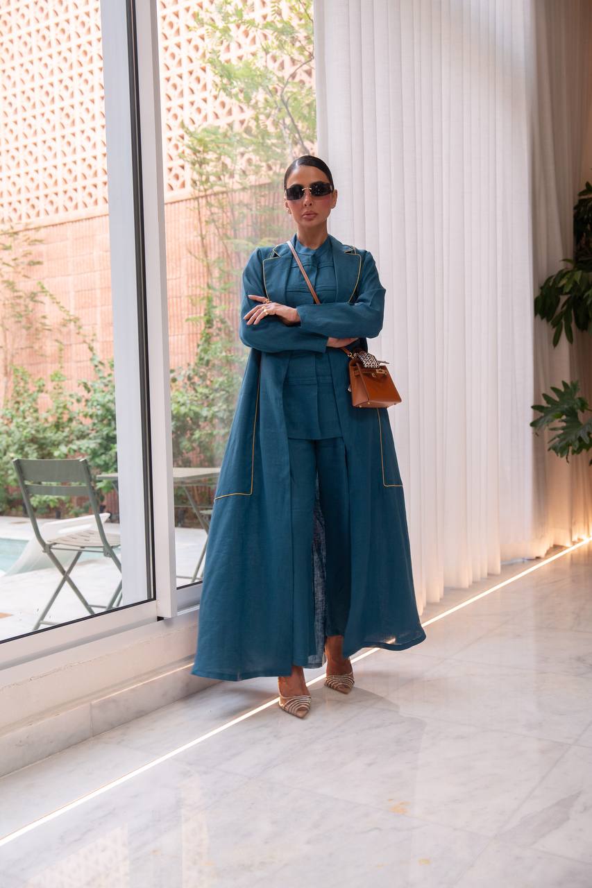 Turquoise linen abaya.C:6805