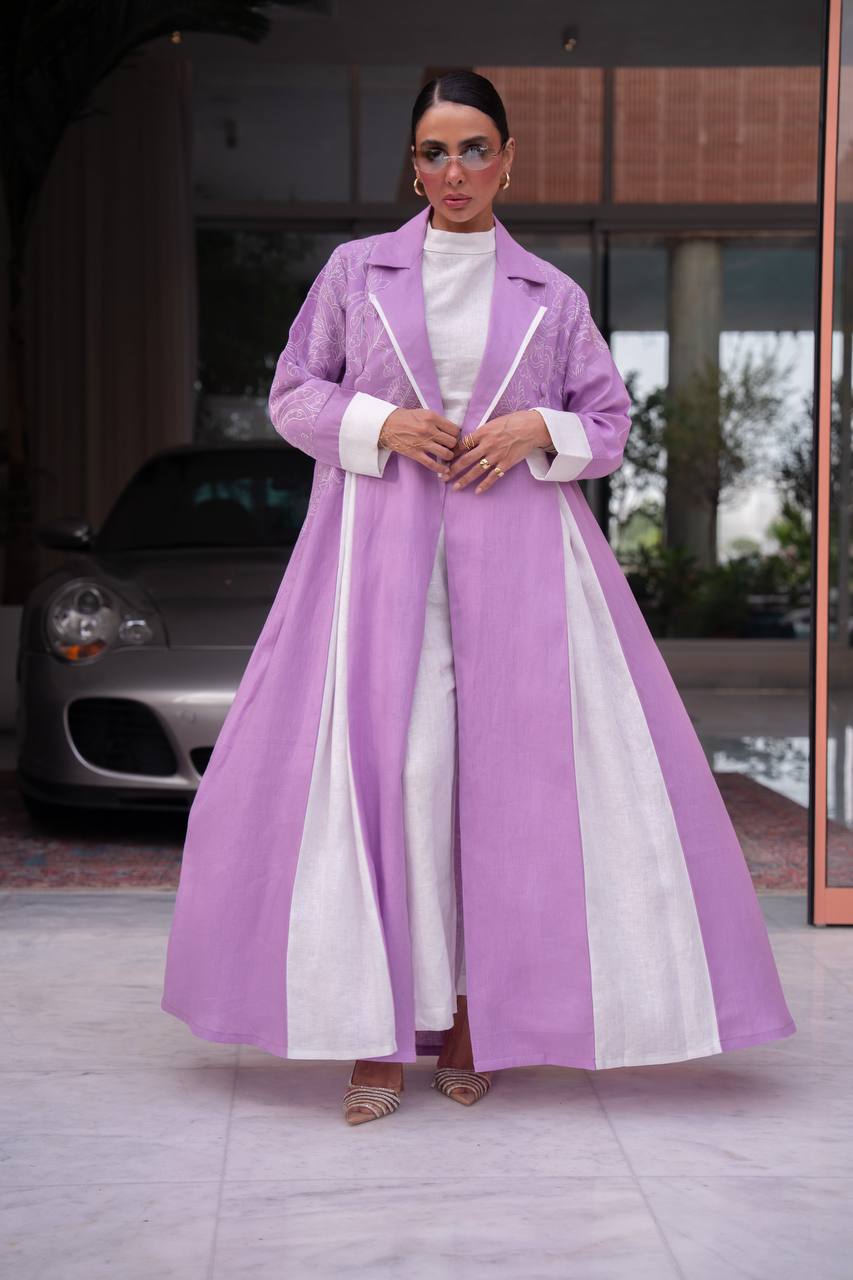 Purple linen blazer abaya with embroidery. C:6793