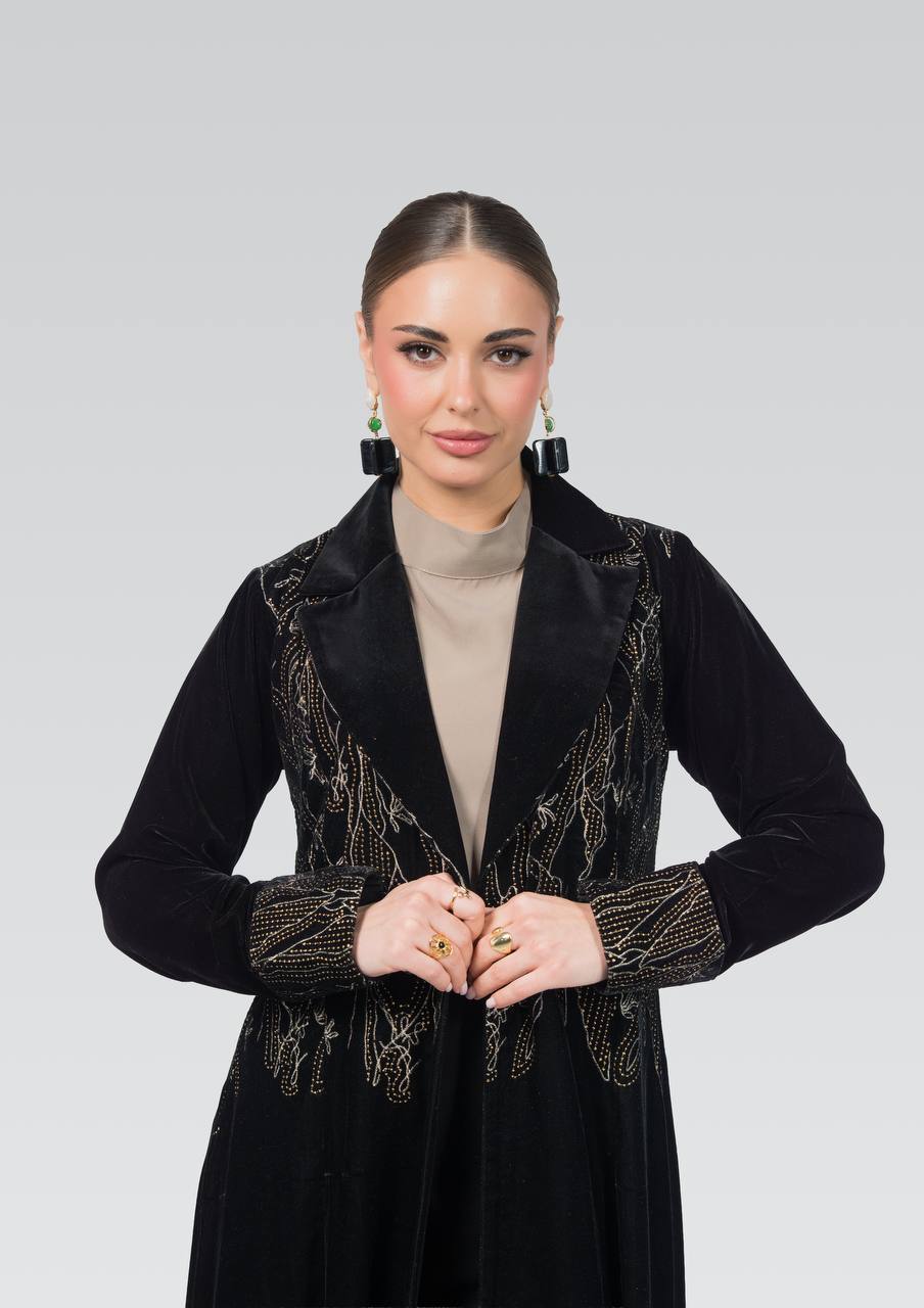 Black velvet abaya with embroidery and hand-beading.C:6840