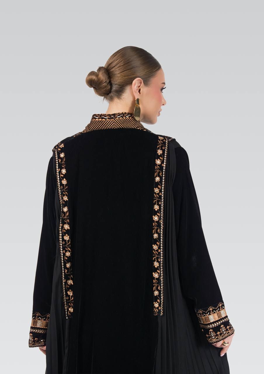 Velvet and crepe abaya with embroidery.C:6841 Brown