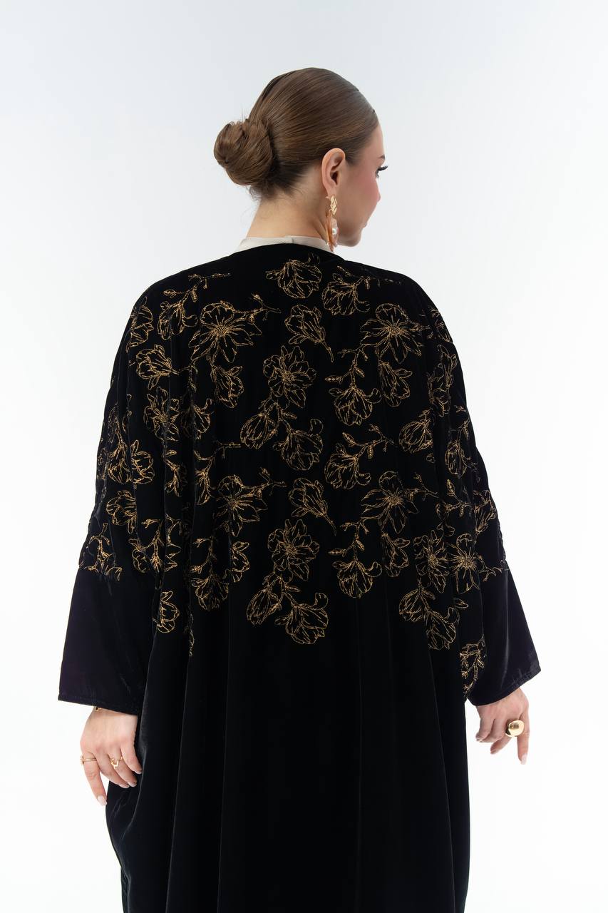 Black velvet Bisht-style abaya with embroidery.C:6843