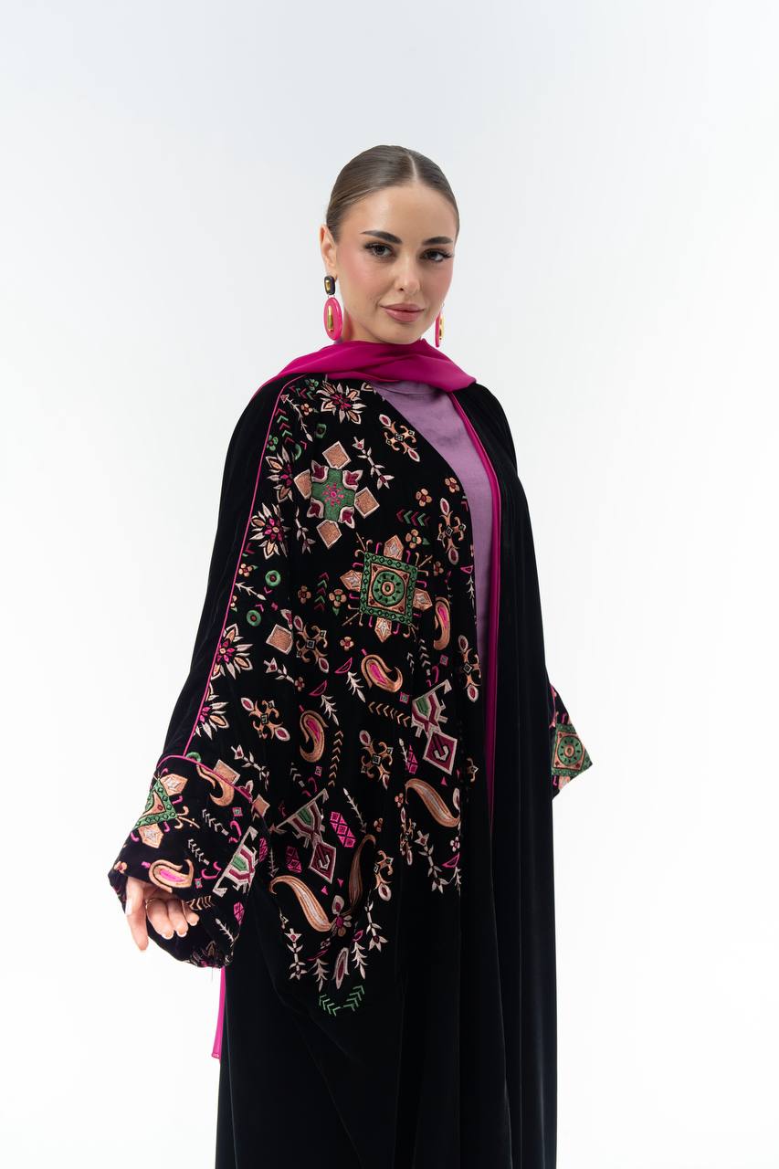 Black velvet bisht with embroidery.C:6844
