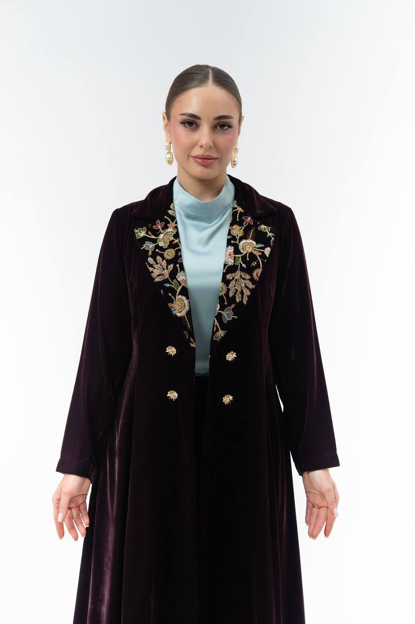 Burgundy velvet abaya with embroidery.C:6845