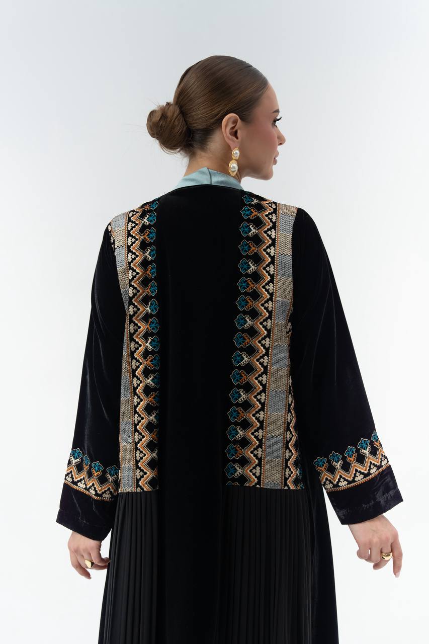 Black velvet abaya with embroidery.C:6846