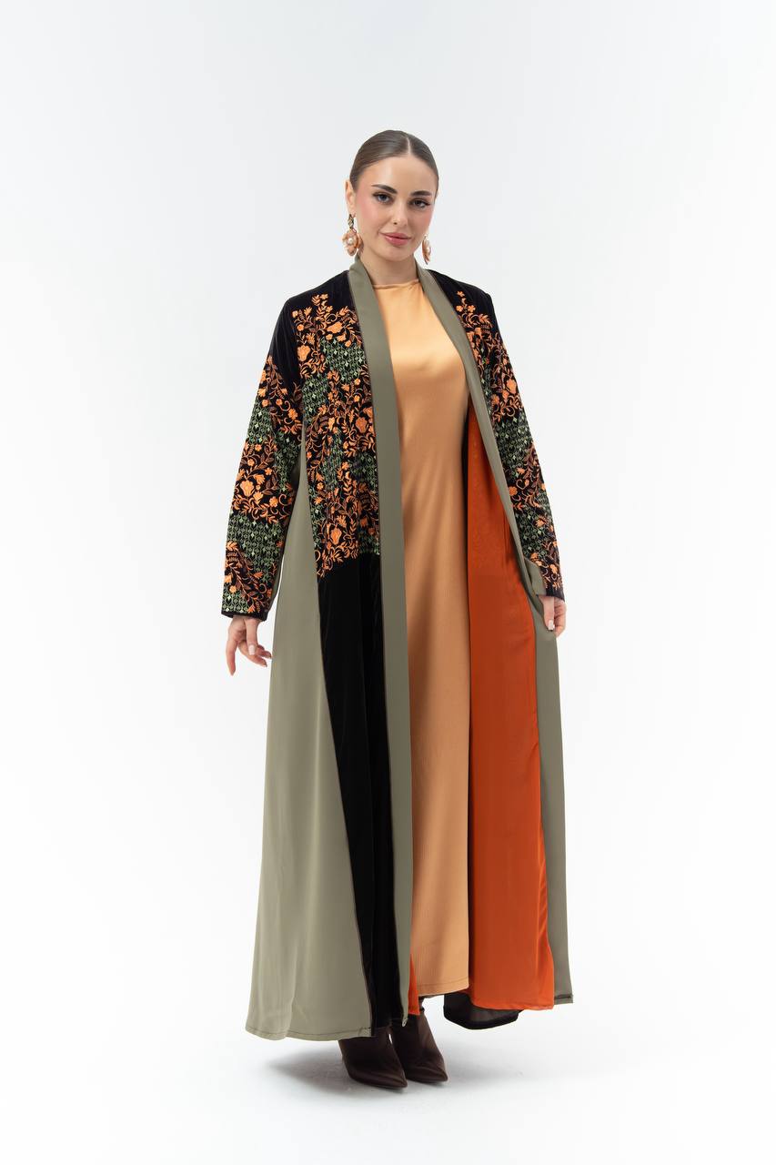 Embroidered velvet and crepe abaya.C:6835