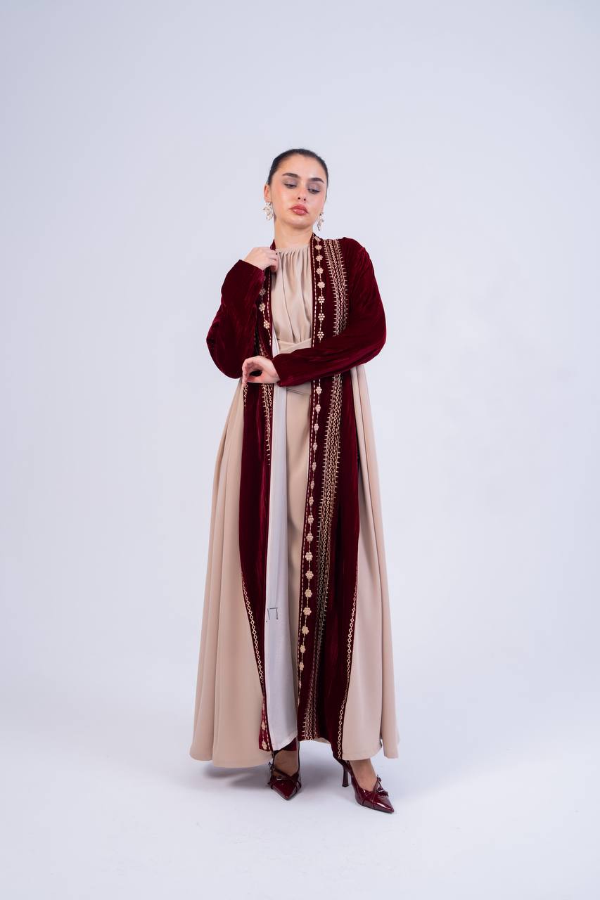 Velvet and crepe abaya with embroidery.C:6852
