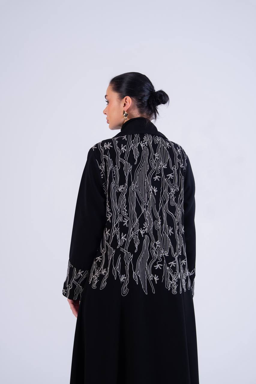Black crepe abaya with embroidery.C: 6840crepe