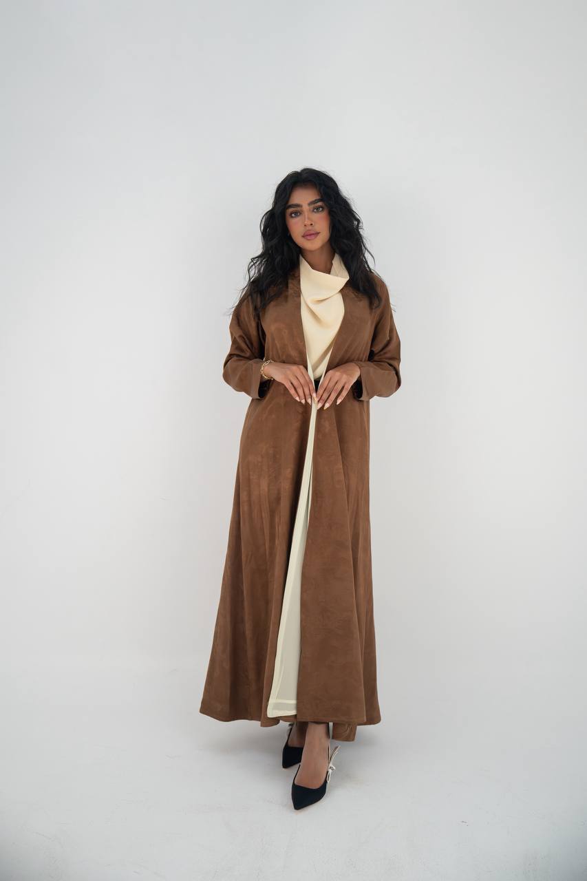 Honey-colored crepe jacquard abaya C:6645 Brown