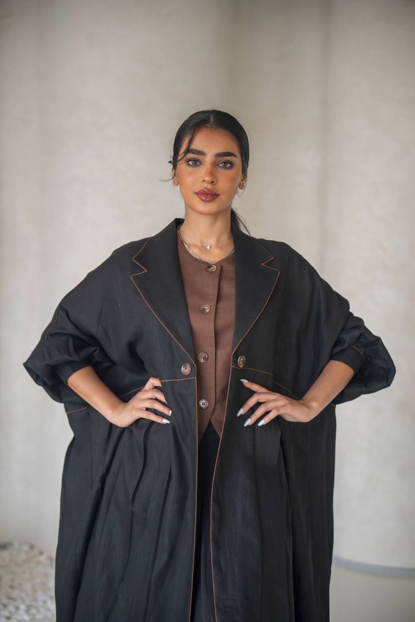Free size black abaya with inner set, linen C:6641 (free size)