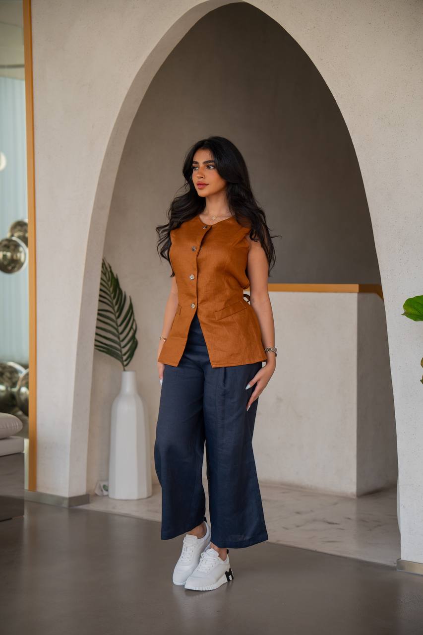 Navy blue pants and camel linen vest set, C:202 Camel-Black