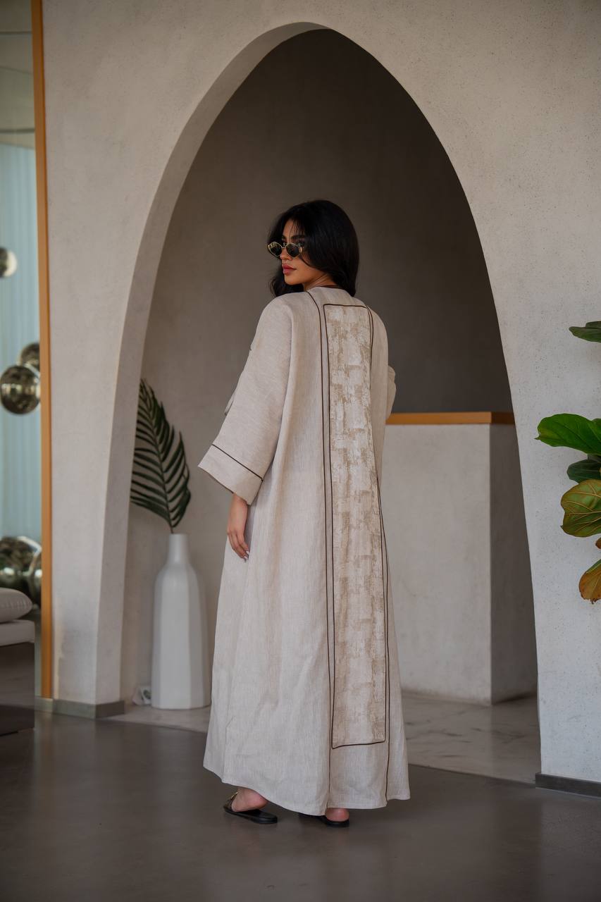 Abaya with inner set, beige, linen C:6635 (Free size)
