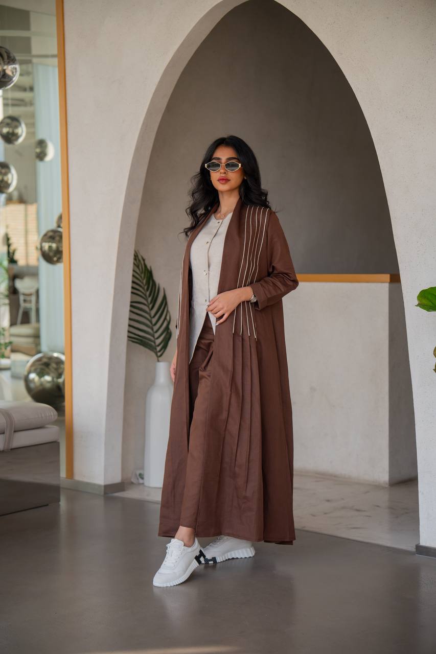 Abaya with inner set made of linen, brown with beige inserts C:6637