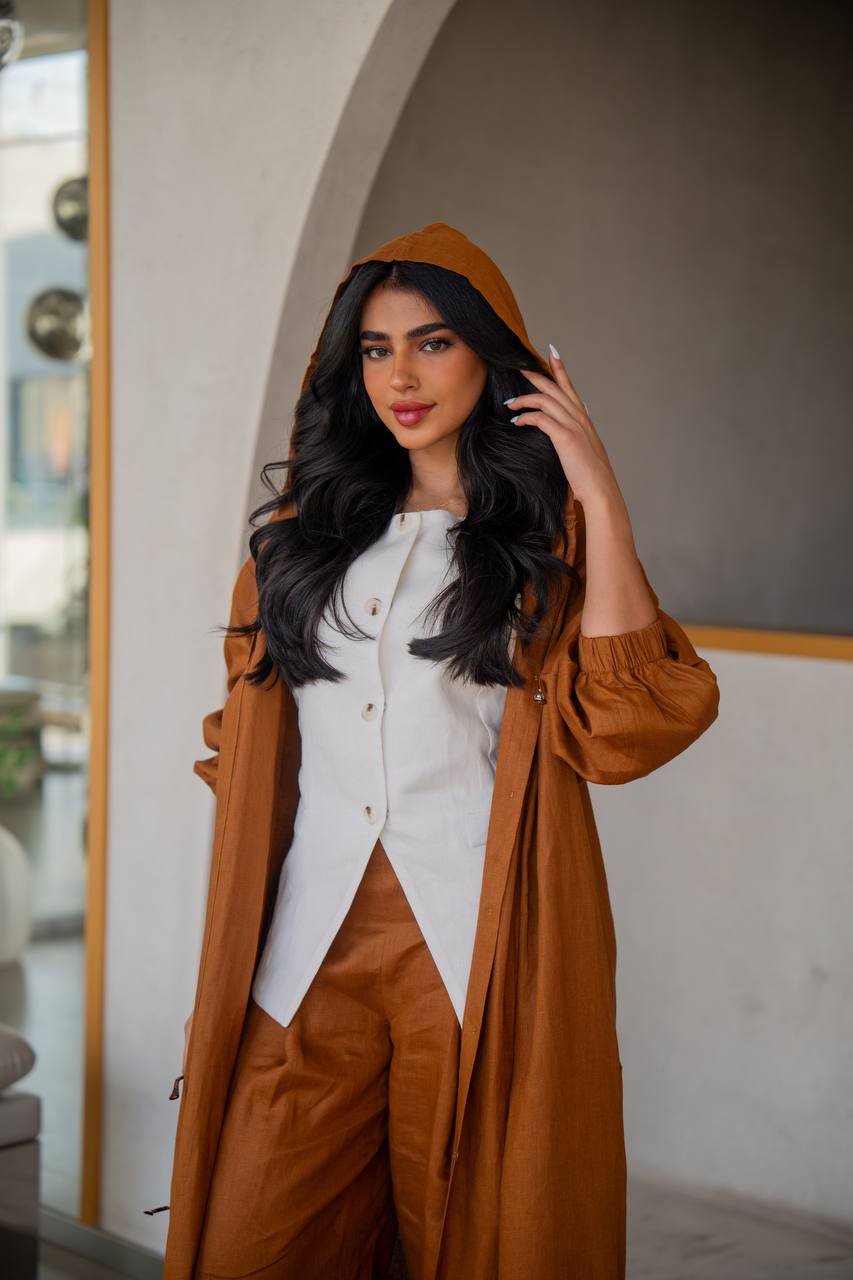 Free size linen abaya in camel color, with inner set C:6634 (Free size)