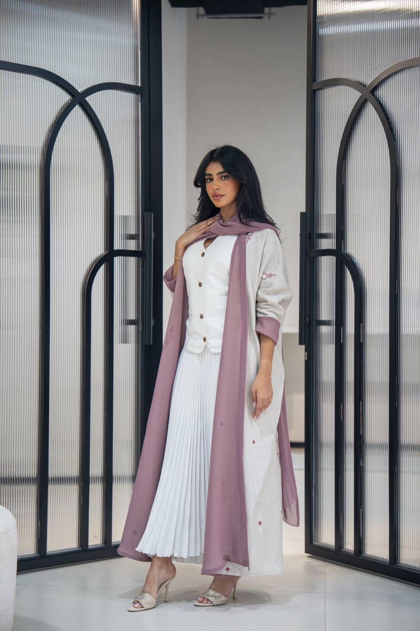 Light beige linen abaya with embroidery C:6622 Beige (Free size)