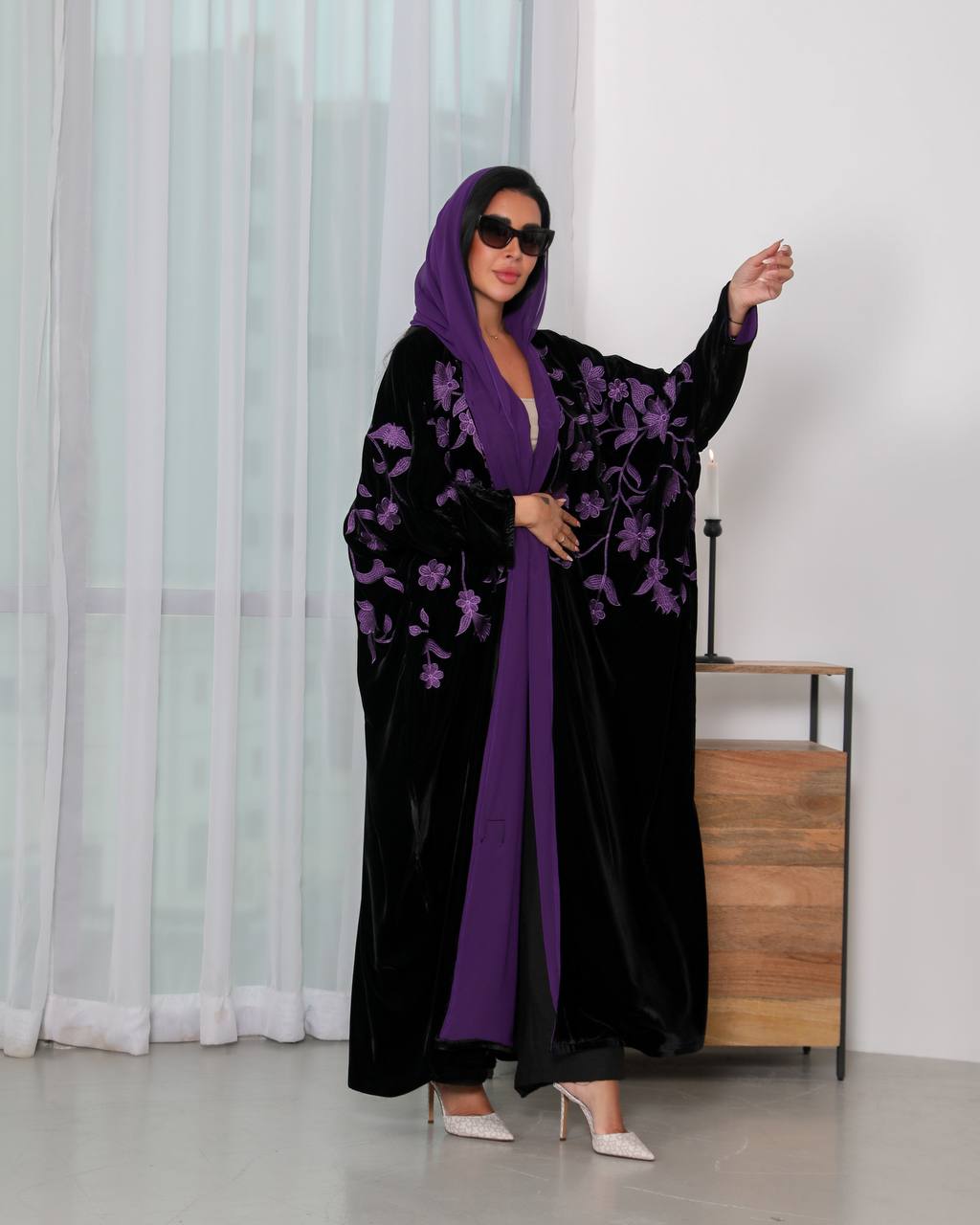 Black velvet Bisht abaya with purple embroidery 6340 purple