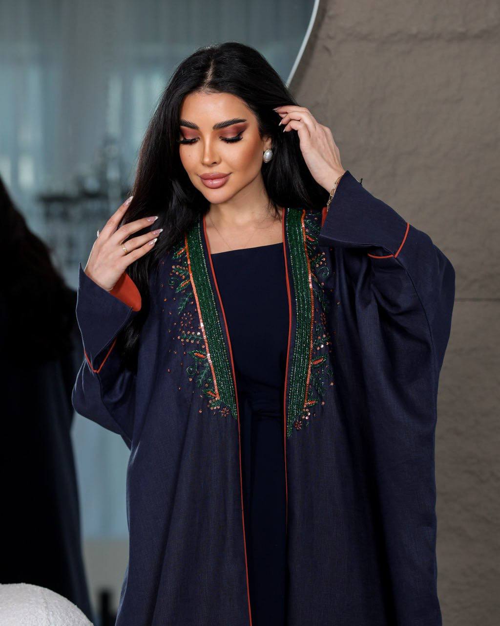 ABAYA BESHT LINEN WITH HANDMADE BEAT C:6439 (FREE SIZE)