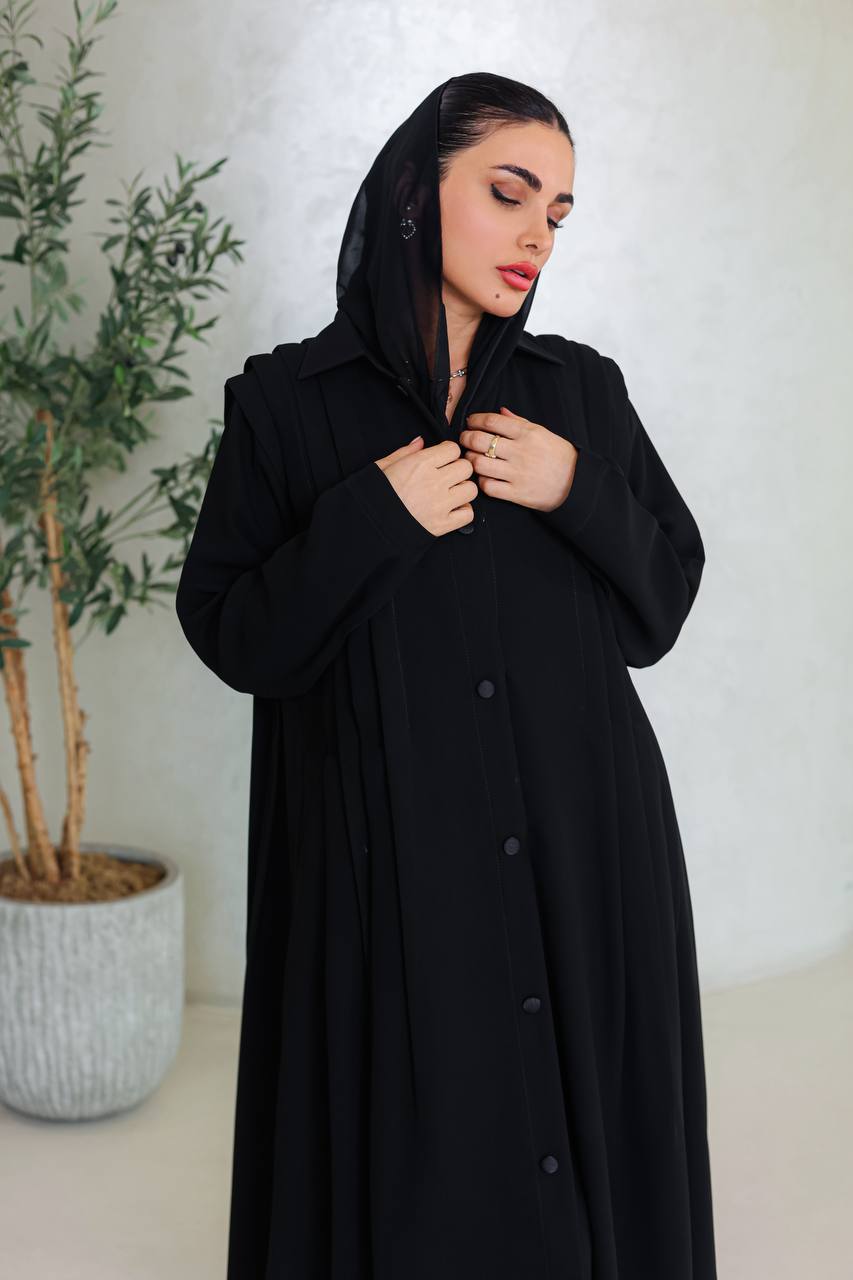 Black crepe abaya with pleats on the sides C:6663