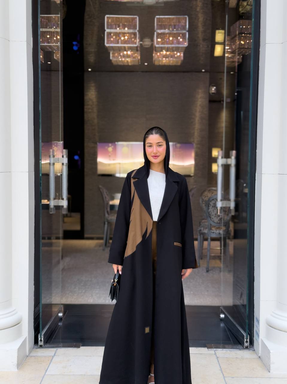 Black crepe blazer abaya with camel-colored details C:6682