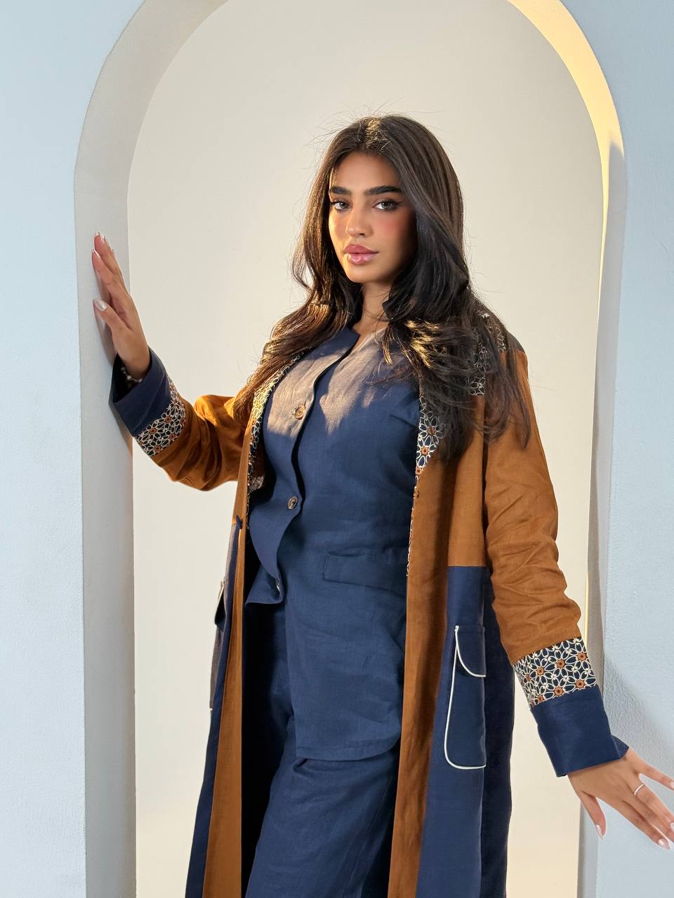 Camel and navy linen abaya with embroidery.C:6692