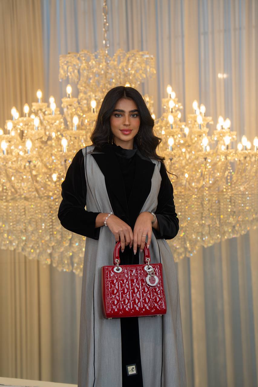 Grey crepe abaya with black velvet. C:6706