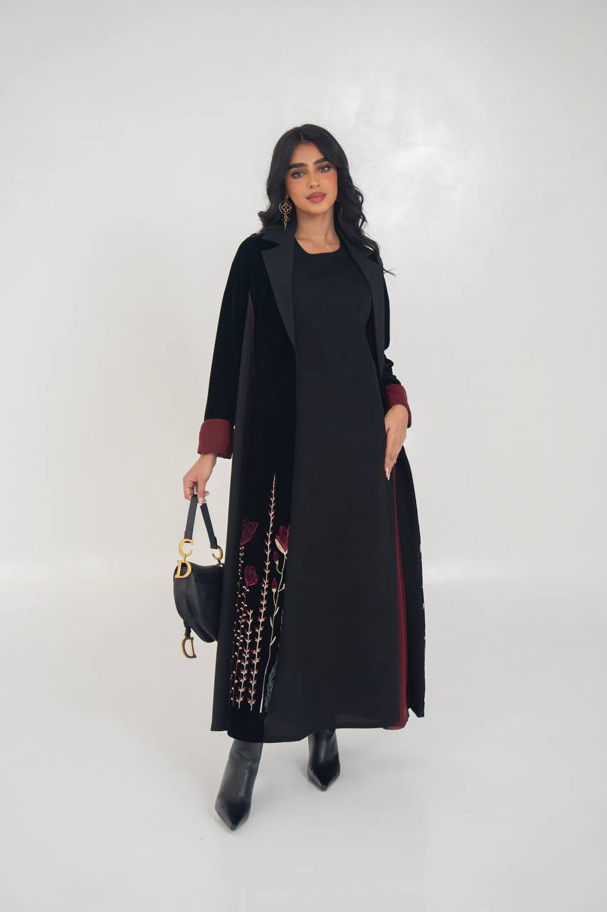 Black velvet blazer abaya with embroidery. C:6712