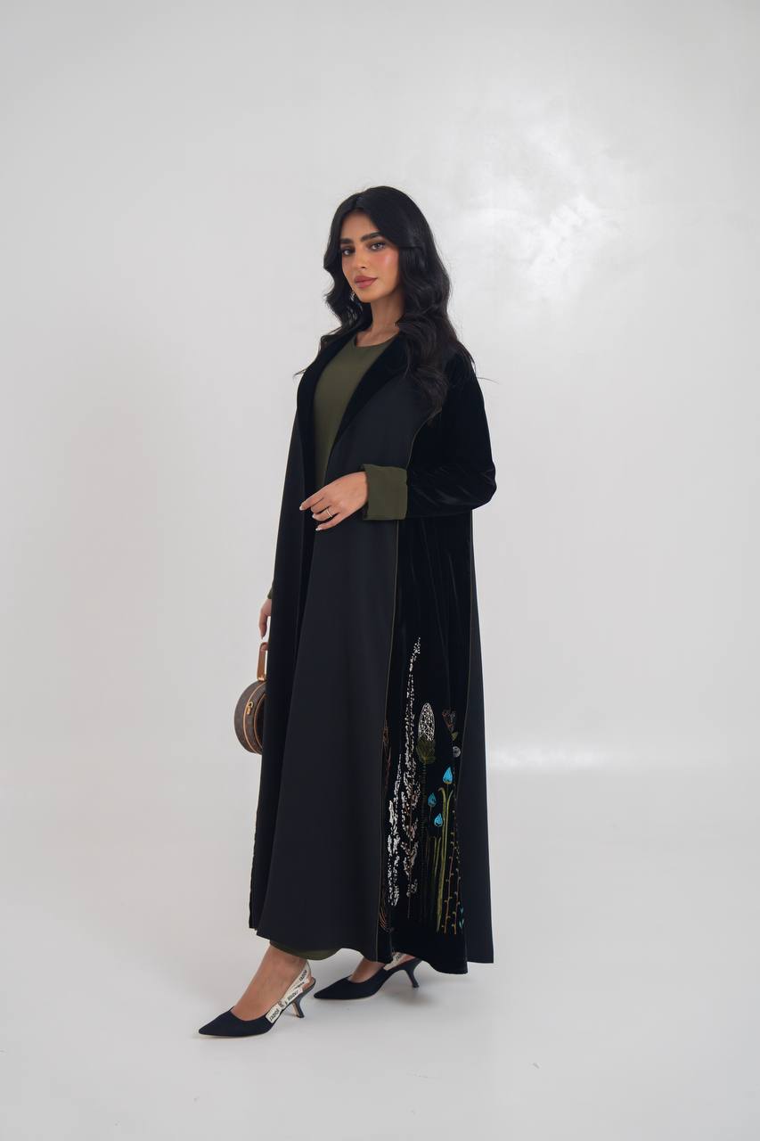 Velvet blazer abaya with crepe and embroidery. C:6711