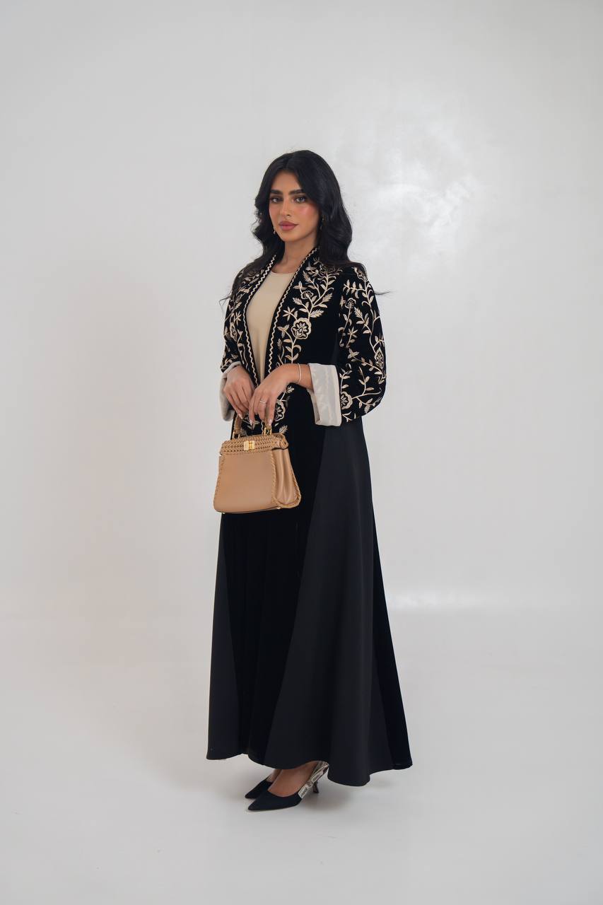 Black velvet abaya with embroidery. C:6710